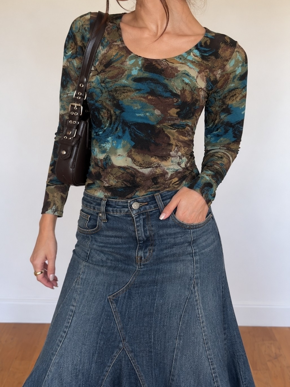 Suzie In The City Teal and Brown Abstract Long Sleeve Top